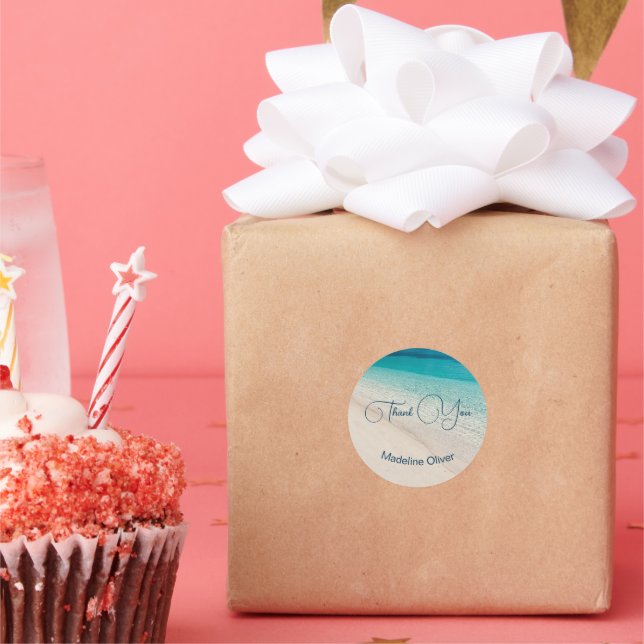 Adesivo Redondo Praia Blue Sand Modern Obrigado (Festa)