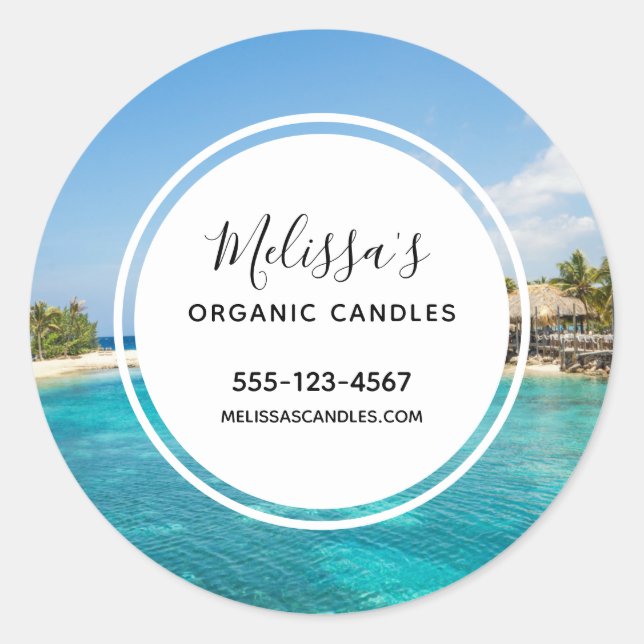 Adesivo Redondo Praia Cênica Tropical com Thatch Huts Business (Frente)