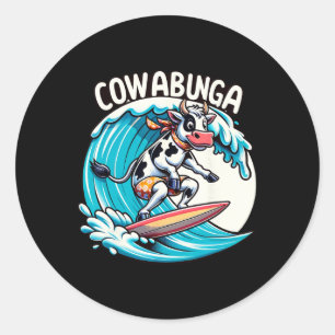 Adesivo Redondo Praia Cowabunga Surfando Vaca Prancha de Surfe Pra