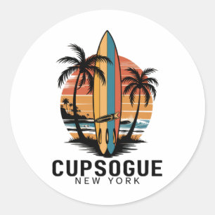 Adesivo Redondo Praia Cupsogue Nova York Surfando Surfista 