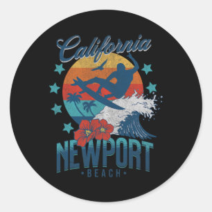 Adesivo Redondo Praia de Newport Califórnia Surf Viagem Vintage