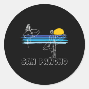 Adesivo Redondo Praia de Surf San Pancho Rapaz Rapariga Surfando