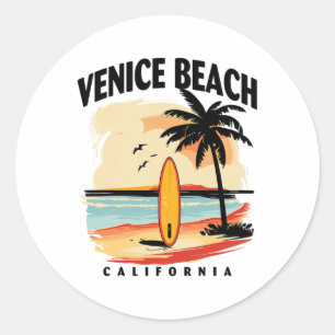 Adesivo Redondo Praia de Veneza Califórnia Prancha de Surfe Surfan