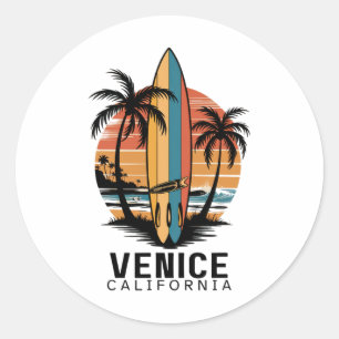 Adesivo Redondo Praia de Veneza Califórnia Surfando Surfista