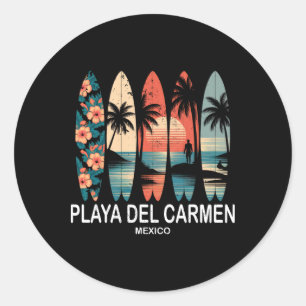 Adesivo Redondo Praia Del Carmen México Prancha de Surfe Retro _1