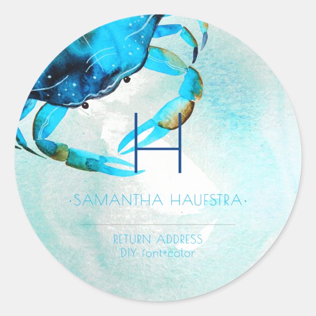 Adesivo Redondo Praia do Monograma do Caranguejo Azul PixDezines (Frente)