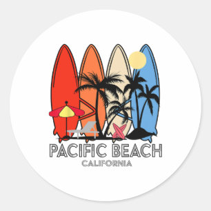 Adesivo Redondo Praia do Pacífico Califórnia Retro Surfboard Vinta