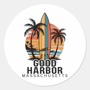 Adesivo Redondo Praia Good Harbor Machusetts Surfe Surfista