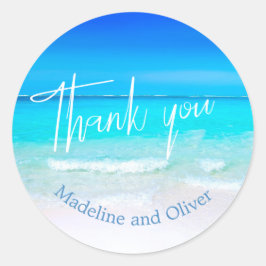 Adesivo Redondo Praia Oceano Azul Areia Moderna Obrigado