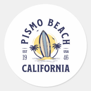 Adesivo Redondo Praia Pismo Califórnia Surf Férias de Verão Vintag