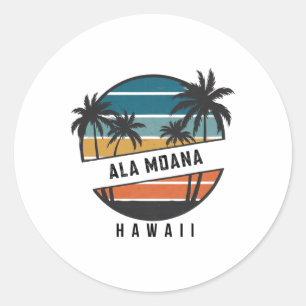Adesivo Redondo Praia Retro Ala Moana Havaí Surfboard Surfando