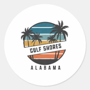 Adesivo Redondo Praia Retro Gulf Shores Alama Prancha de Surf Surf