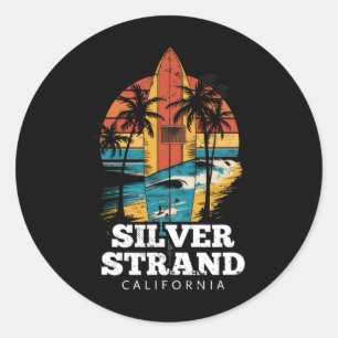 Adesivo Redondo Praia Silver Strand Califórnia Prancha de Surfe Su