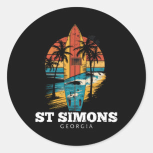 Adesivo Redondo Praia St Simons Geórgia Prancha de Surfe Retro