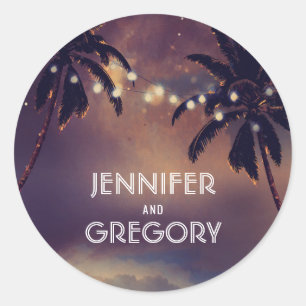 Adesivo Redondo Praia Sunset Palm String Luzes Púrpura Casamento