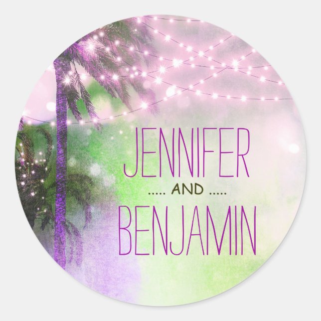 Adesivo Redondo Praia Sunset Palm String Luzes Púrpura Casamento (Frente)