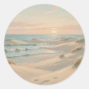 Adesivo Redondo Praia Tranquila Pôr do Sol Dunas Ondas do Oceano C