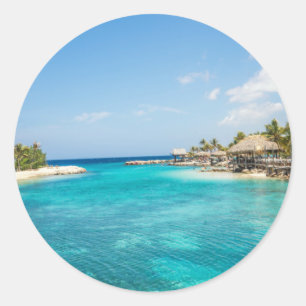 Adesivo Redondo Praia tropical Cênica com Foto Thatch Huts