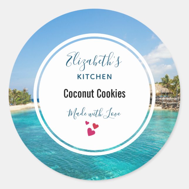 Adesivo Redondo Praia tropical cêntrica com cozinha de Huts Thatch (Frente)