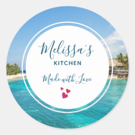 Adesivo Redondo Praia tropical cêntrica com cozinha de Huts Thatch