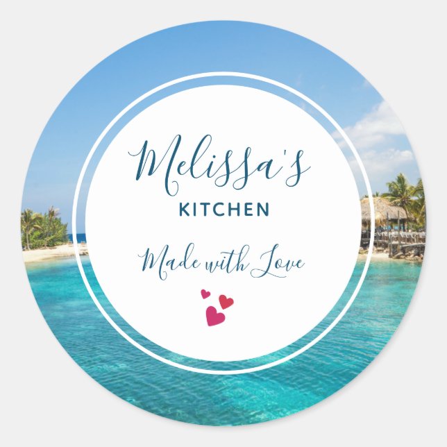 Adesivo Redondo Praia tropical cêntrica com cozinha de Huts Thatch (Frente)