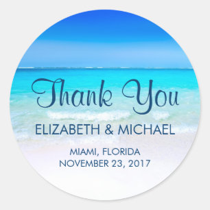 Adesivo Redondo Praia tropical com os obrigados de um casamento do