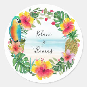 Adesivo Redondo Praia Tropical Watercolor Floral Wreath