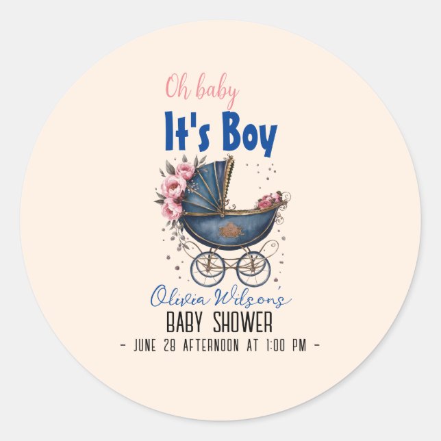 Adesivo Redondo Pram de aquarela vítrea é chá de fraldas de menino (Frente)