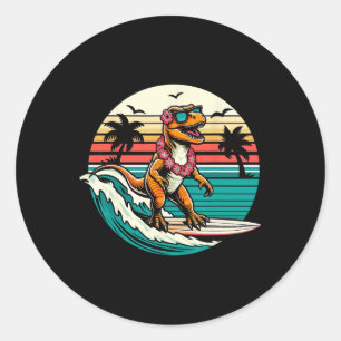 Adesivo Redondo Prancha de Surf de Dinossauro Engraçado Praia Verã