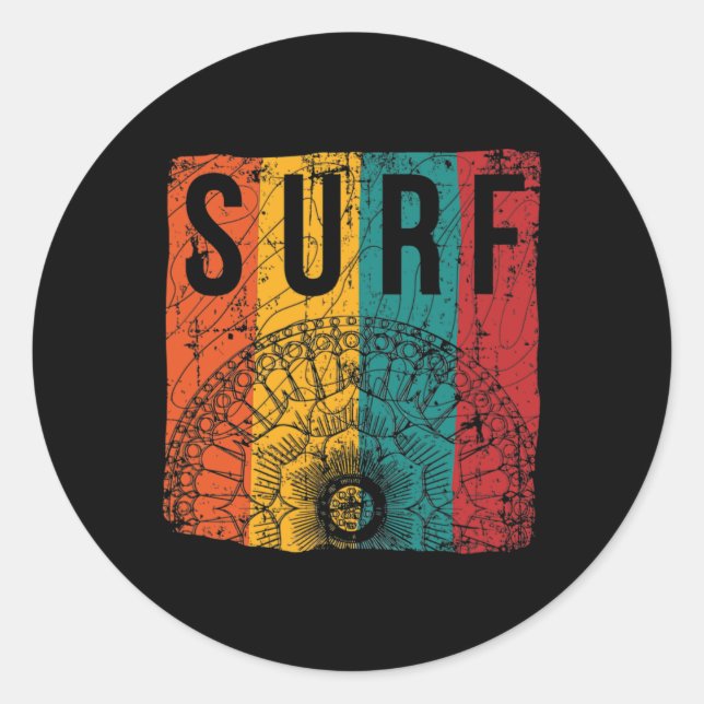 Adesivo Redondo Prancheta de Surf de Praia Retro com Mandala  (Frente)