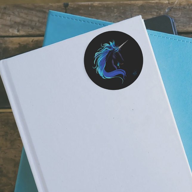 Adesivo Redondo Prata Azul do Unicórnio Preto (Criador carregado)
