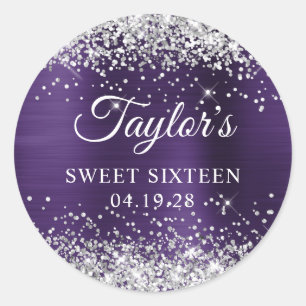 Adesivo Redondo Prata Brilho Violeta Escuro Folha Sweet Sixteen