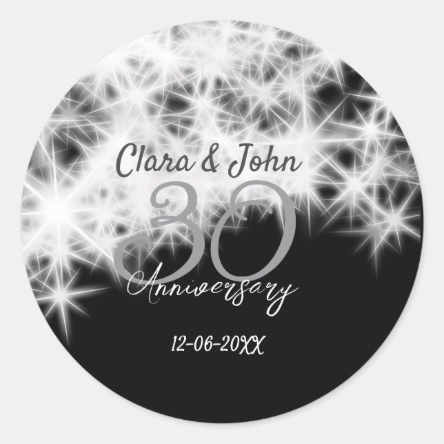 Adesivo Redondo Prata cinza preto 30º aniversário de casamento bri (Frente)