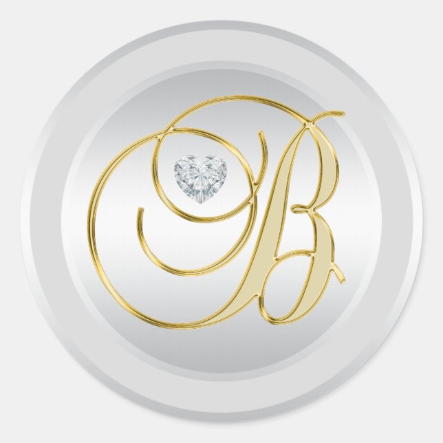 Adesivo Redondo Prata Elegante Dourada Monogramada Inicial 'B' (Frente)