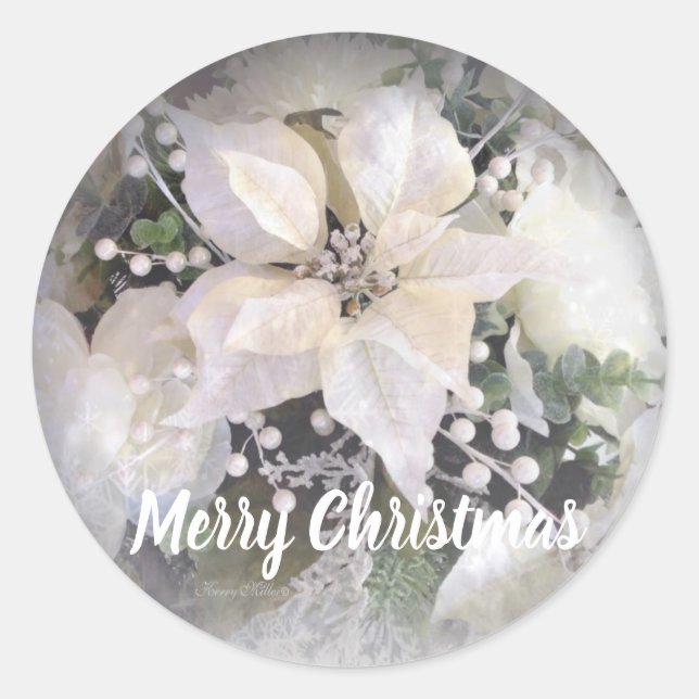 Adesivo Redondo Prata Elegante e Poinsetos de Natal Branco (Frente)