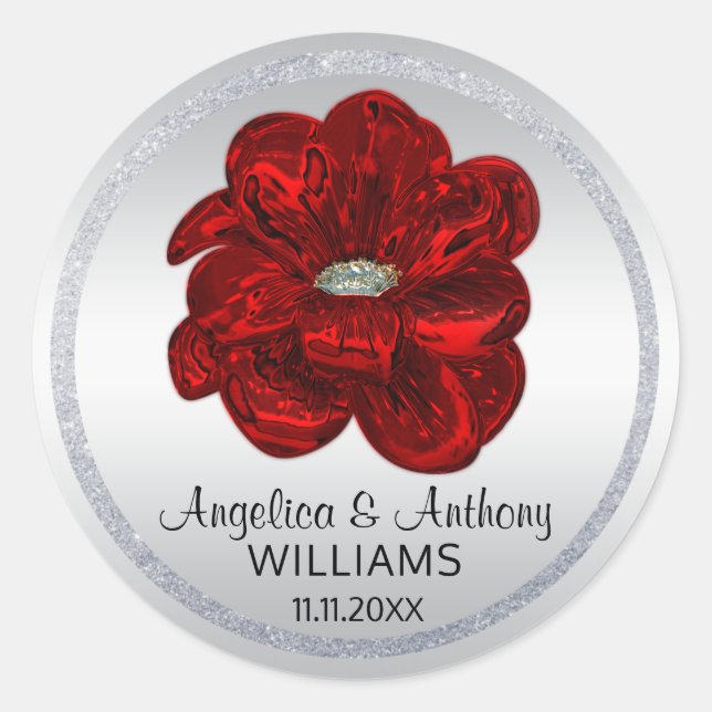 Adesivo Redondo Prata Elegante, Negra, Focos De Casamento De Rosa  (Frente)