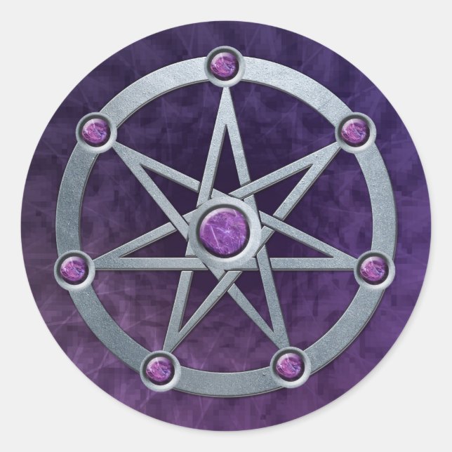 Adesivo Redondo Prata estrela de elven gravada com Ametist (Frente)