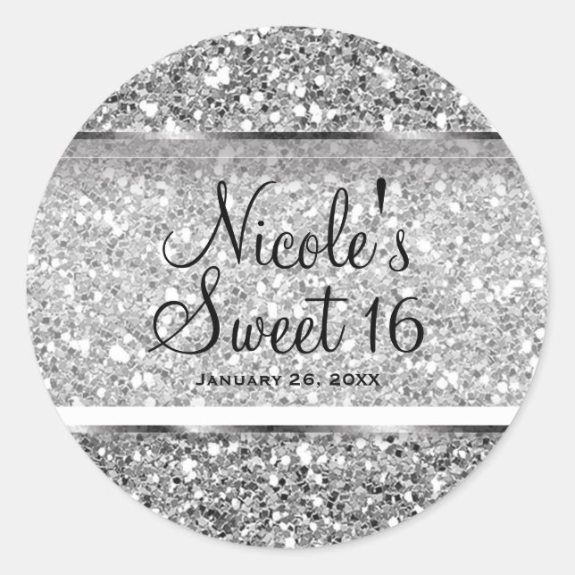Adesivo Redondo Prata Glitter Glam Sweet 16 Partido Favorito (Frente)