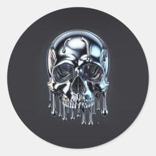 Adesivo Redondo Prata Líquida Cromo Drip Skull Festa de Halloween