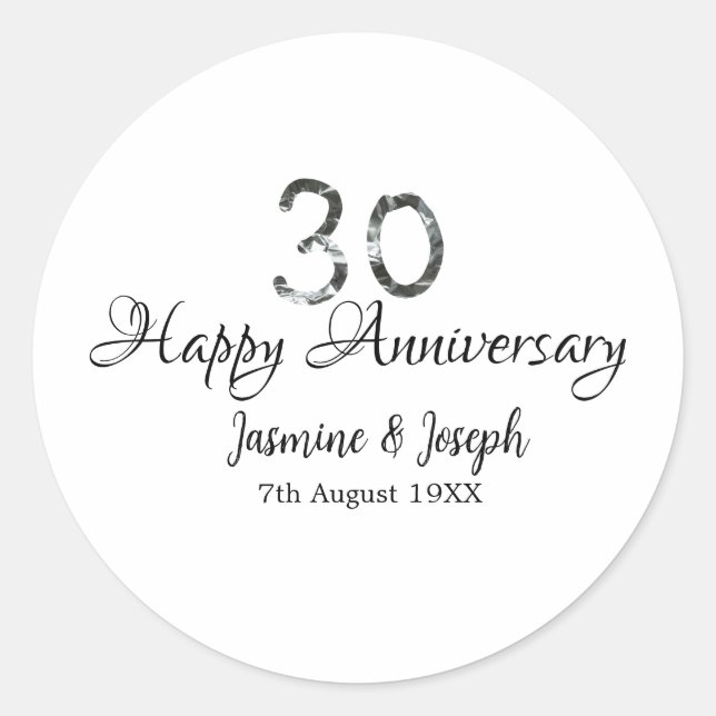 Adesivo Redondo Prata Metálico 30º Feliz aniversário adicionar nom (Frente)