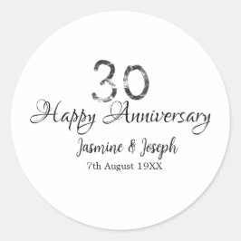 Adesivo Redondo Prata Metálico 30º Feliz aniversário adicionar nom