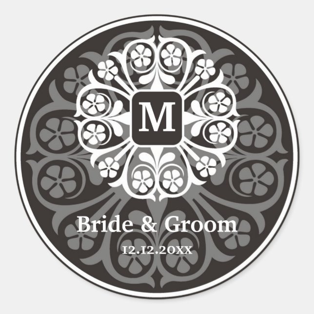 Adesivo Redondo Prata Negra Inicial M Monograma Fim do Partido dos (Frente)