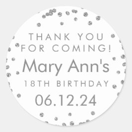 Adesivo Redondo Prata Obrigado Aniversário Glitter Confetti White