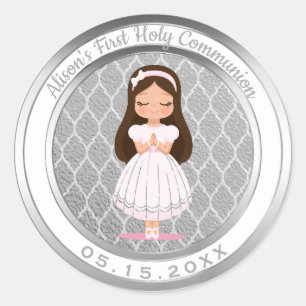 Adesivo Redondo Prata Quatrefoil do comunhão santamente da menina