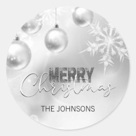 Adesivo Redondo Prata White Christmas Snowflake Snow Baubles