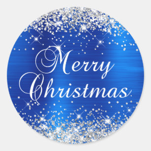 Adesivo Redondo Prateado Brilhante e Feliz Natal Azul Real