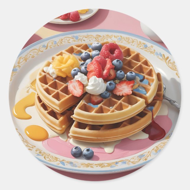 Adesivo Redondo Prato de Café da Manhã Waffle de Frutas Vermelhas (Frente)
