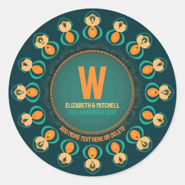 Adesivo Redondo Prato de Recordação com Monograma em Círculo de He (Frente)