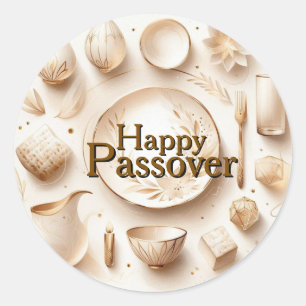 Adesivo Redondo Prato de Seder Feliz Páscoa - Bege Luxuoso Moderno