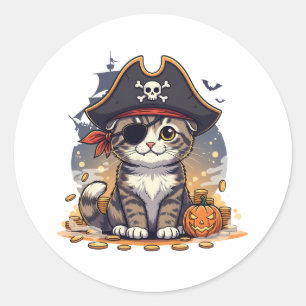 Adesivo Redondo Prato Pirata - Gato Dourado Escocês Cujo Chapéu Pi